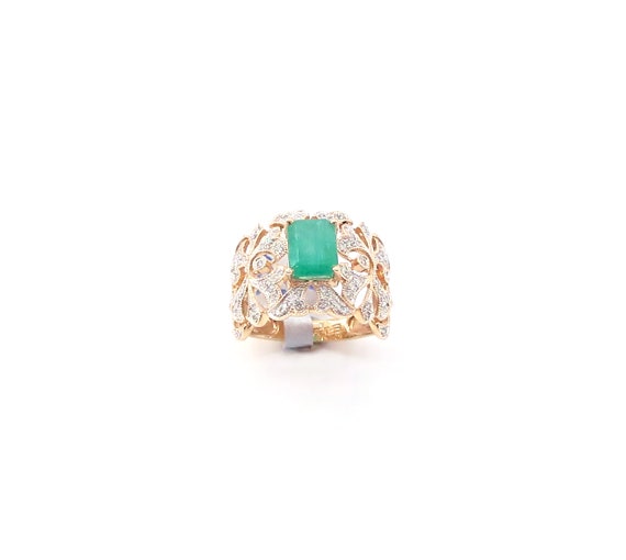 14 K Yellow Gold Antique Style Art Deco Diamond and Emerald Emerald Cut Ring