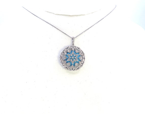 14 K White Gold Diamond Slider Pendant Antique Design with Round Circle Turquoise w/ Chain, Gold, 6.5 grams, TW of diamonds, 0.48 CT