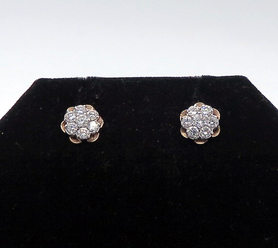 14 K Yellow Gold Flower Design Diamond Cluster Earrings with Pushback Post / Diamond studs