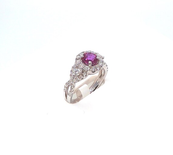 14 K White Gold Diamond Designer Ruby Round Shape Ring in One Row Halo