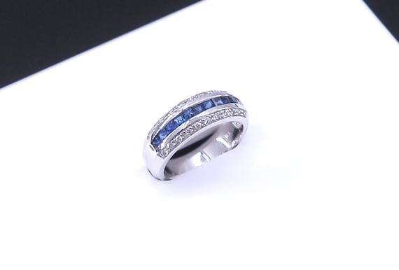 18 K White Gold Classic Sapphire and Diamond Band / Ring