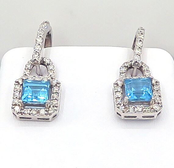 14 K White Gold Dangling Diamond Earrings with Blue Topaz and U-shape Hoop