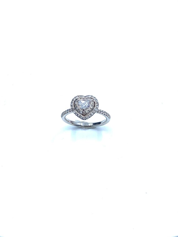 14 K W Gold Diamond Heart Shape Surrounded by Two Rows Halo Prong Set, Gold, 3.5 grams, TW of Diamonds, 0.87 CT