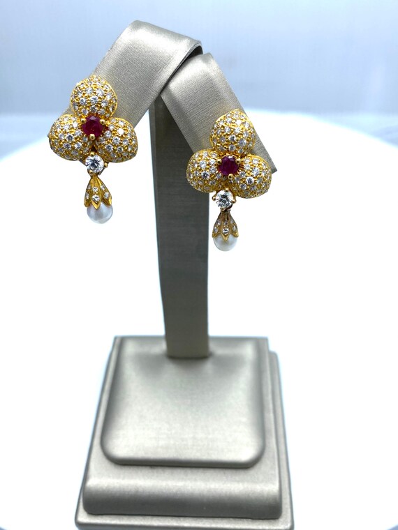 18 K Yellow Gold Diamond Pave Floral Design Dangling Pearl Earrings featuring Center Ruby Stone with Pushback Post