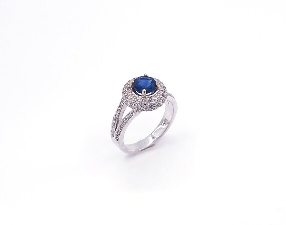 14 K W Gold Diamond and Sapphire w/ Split Shank Round Sapphire Set on a Three-Row Puffy Halo, Gold, 4.5 grams, TW of Diamonds, 1.23 CT