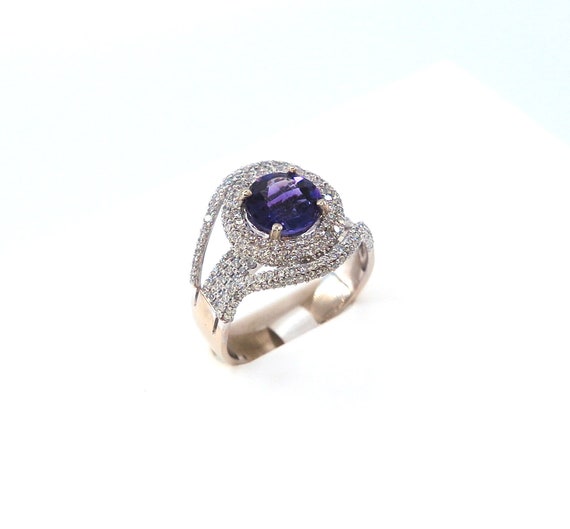 14 K White Gold Designer Ring with Round Blue Sapphire in Three Row Halo Circle Micro Pave Set