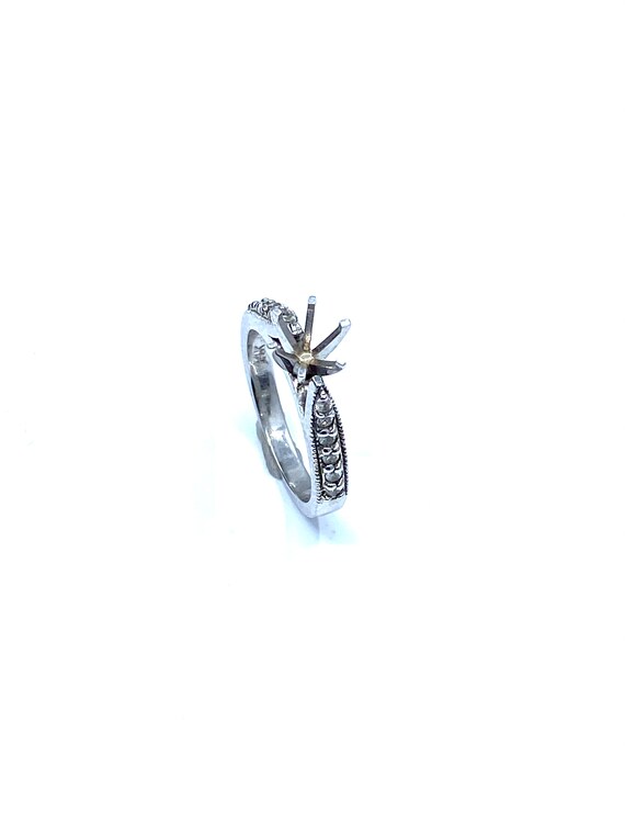 14 K W Gold Diamond Cathedral Style Engagement Ring Semi-mount w/ Side Miligri, Gold, 4.4 grams, TW of diamonds, 0.39 CT