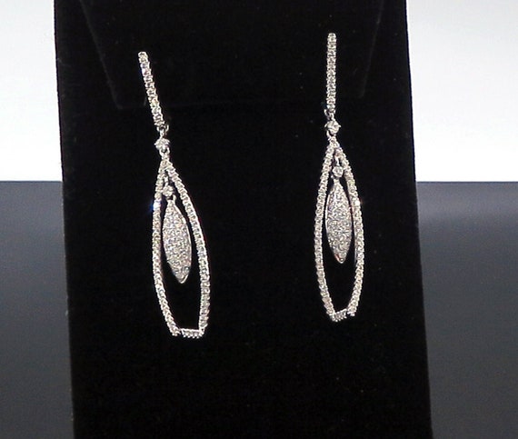 14 K White Gold Fancy Designer Dangling on U-Shaped Hoop Diamond Earrings