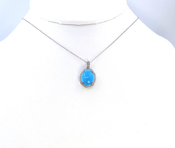 14 K White Gold Oval Shaped Diamond Turquoise Slider Pendant, Gold, 2.7 grams, TW of diamonds, 0.16 CT