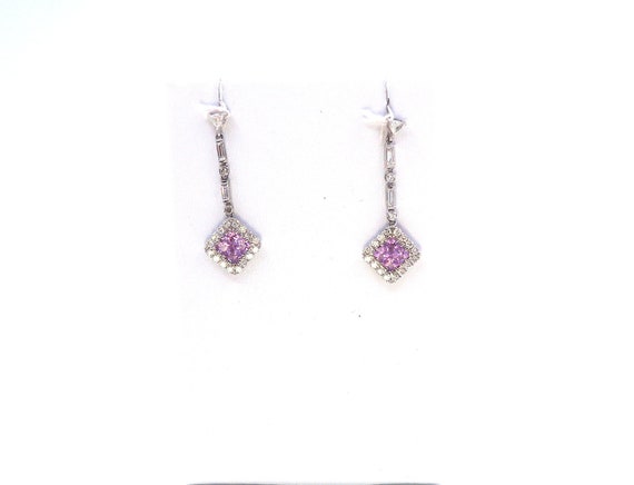 14 K Pink Sapphire Dangling Diamond Earrings with Baguettes and Pushback Post
