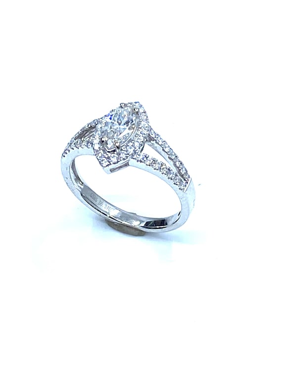 14 K Marques Shape Engagement Ring with Center Marques and One Row Halo V Shape Shank