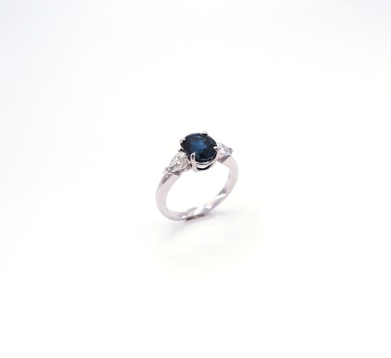 14 K W Gold Diamond Pear Shape and Oval Sapphire, Gold, 3.4 grams, TW of Diamonds, 0.58 CT