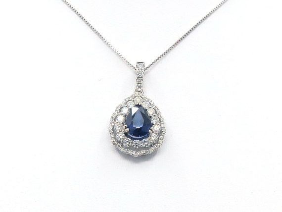 14 K W Gold Slider Pendant w/ Blue Sapphire Pear Shaped 1.18 CT Surrounded by 2 Rows Diamond Halo 0.62 CT