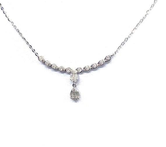 18 K W Gold Diamond Necklace w/ Dangling Pear, Gold, 1.886 grams, TW of diamonds, 0.27 CT