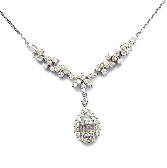 18 K W Gold Bridal Designer Diamond Necklace w/ Dangling Pear Shape Pendant Surrounded by One Row Halo And Cluster Baguette