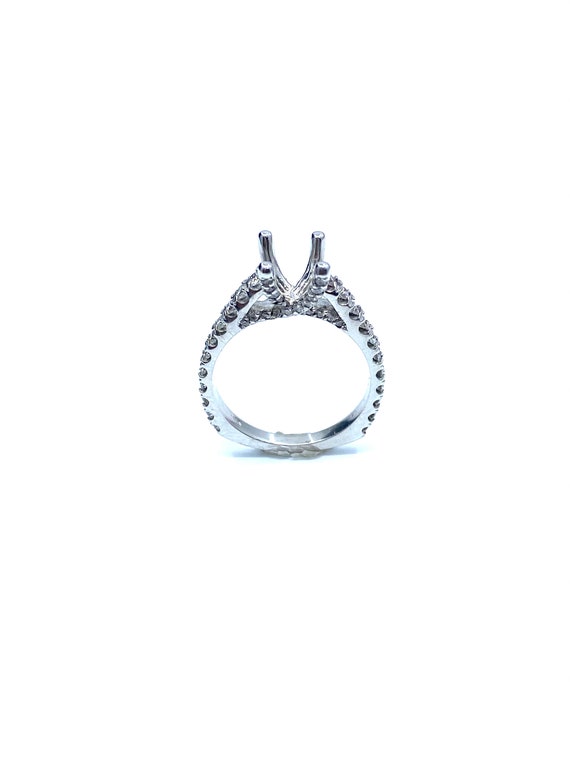18 K W Gold Designer Diamond Engagement Ring Semi-mount w/ Diamonds Along Criss Cross Four Prong Set, Gold, 4.1 grams, TW of DIA, 0.97 CT