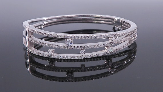 14 K White Gold Designer Diamond Double Lock Bangle Bracelet