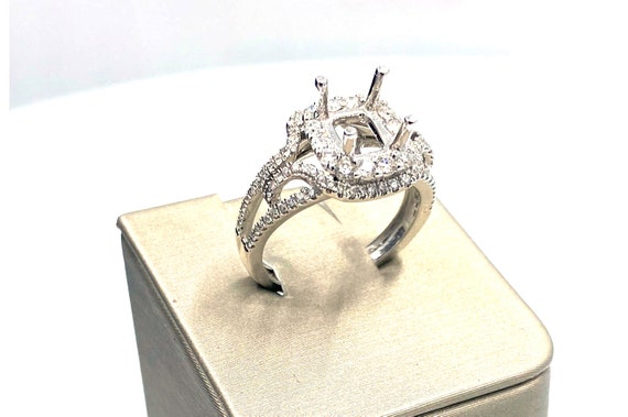14 K White Gold Designer Diamond Rectangular Shaped Semi Mount Ring