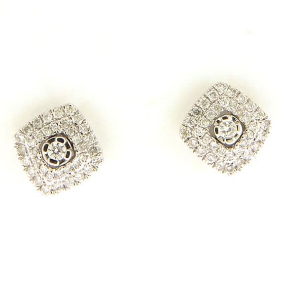 14 K White Gold Two Rows of Diamonds Cut Corners Stud Earrings