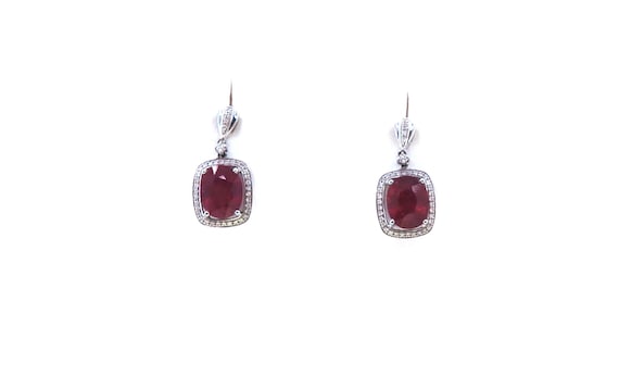 14 K White Gold Danglings Diamond Oval Shape Ruby In a Cushion Design Frame Earrings featuring Pushback Post