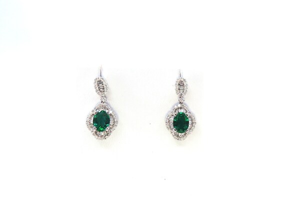 18 K White Gold Oval Shape Chatham Emerald with Diamond Baguettes Earring Drops