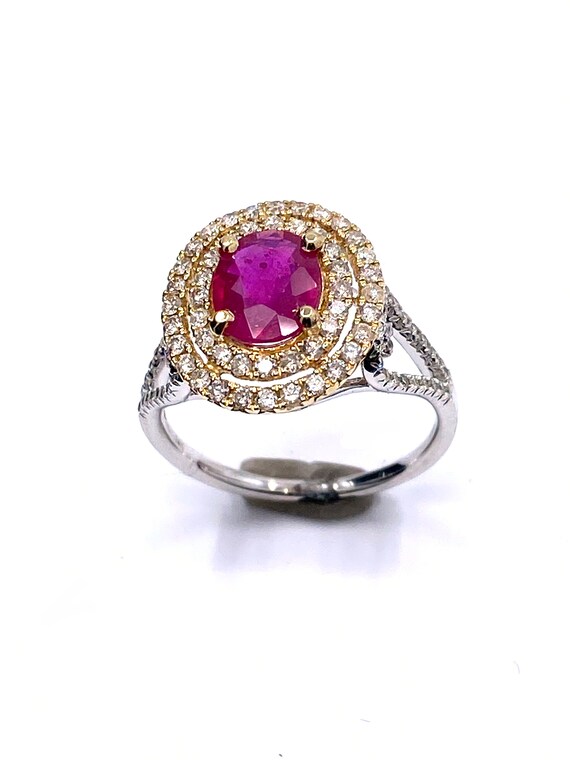 14 K Two-Tone Double Halo Featuring Oval Ruby Center Diamond Ring, Gold, 3.76 grams, TW of Diamonds, 0.68 CT