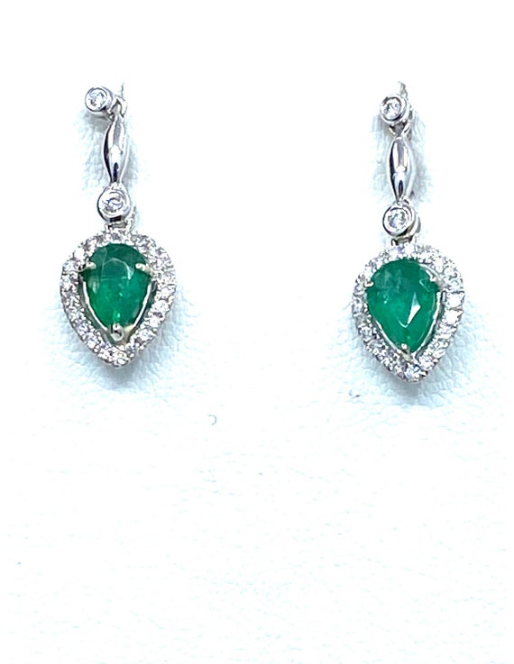 14 K White Gold Dangling Columbian Emerald Pear Shape Surrounded by One Row Halo with Pushback Post