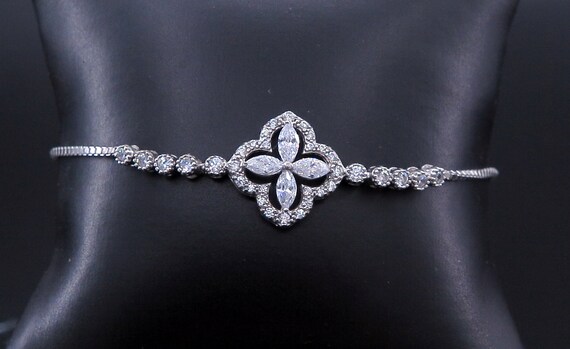 14 K White Gold Fancy Designer Clover Diamond Bracelet