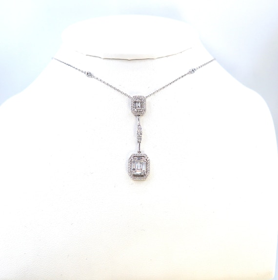 18 K W Gold Diamond Drop Necklace w/ Diamond Bayard Chain, Gold, 5.48 grams, TW of diamonds, 1.14 CT