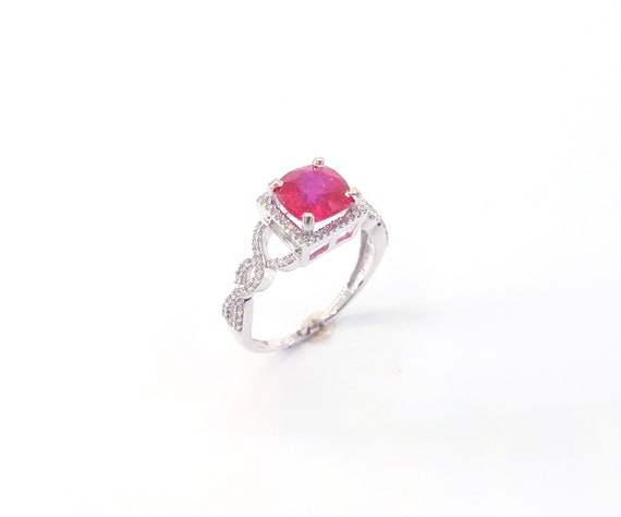 14 K Diamond and Ruby Cushion Cut Fancy Designer White Gold Ring in a One Row Square Shape Halo