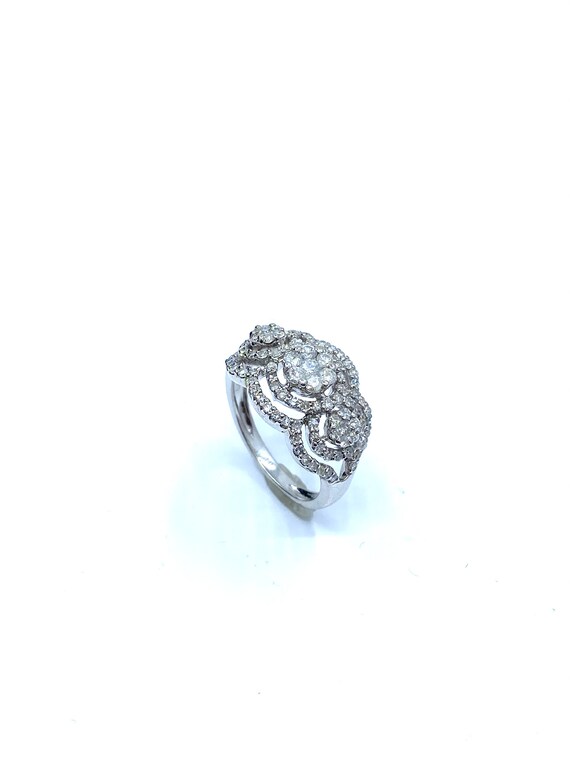 14 K White Gold Diamond Band / Ring with Three Floral Clusters each in Double Row Halo Style