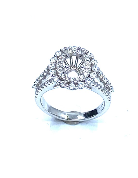 18 K White Gold Diamond Engagement Semi-mount Ring with Oval Shape Center, Double Halo Designer and V Shape Shank