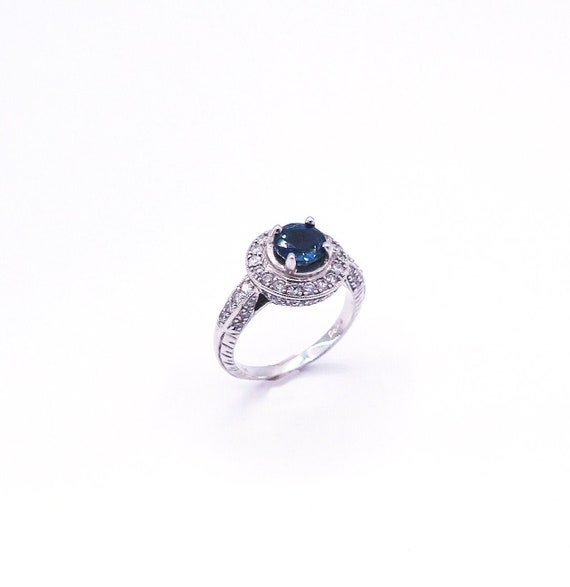 14 K W Gold Diamond Sapphire Ring Antique Design in a Round Circle Halo, Gold, 5.2 grams, TW of Diamonds, 2.19 CT