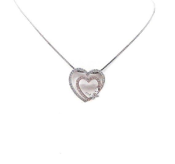 14 K Two Tone Double Heart Slider Pendant/Necklace featuring a Tiny Butterfly, Gold, 2.2 grams, TW of diamonds, 0.53 CT
