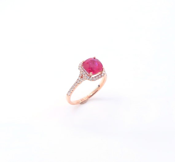 14 K Diamond and Ruby Cushion Cut Fancy Designer Rose Gold Ring in a One Row Square Shape Halo and Split Shank