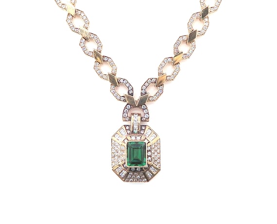 14 K Yellow Gold Diamond Necklace featuring Center Emerald Cut Chatham, TW of diamonds, 0.27 CT