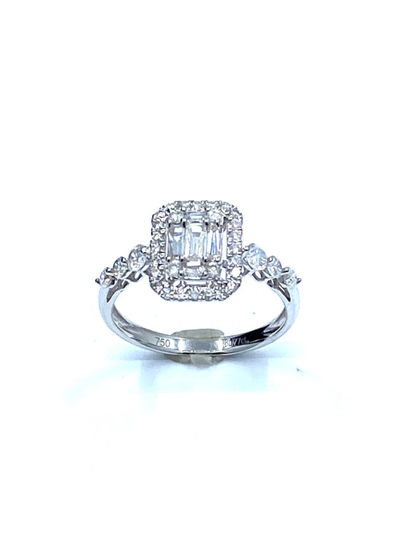 18 K White Gold Diamond Engagement Ring, Emerald Cut Cluster Center and One Row Halo