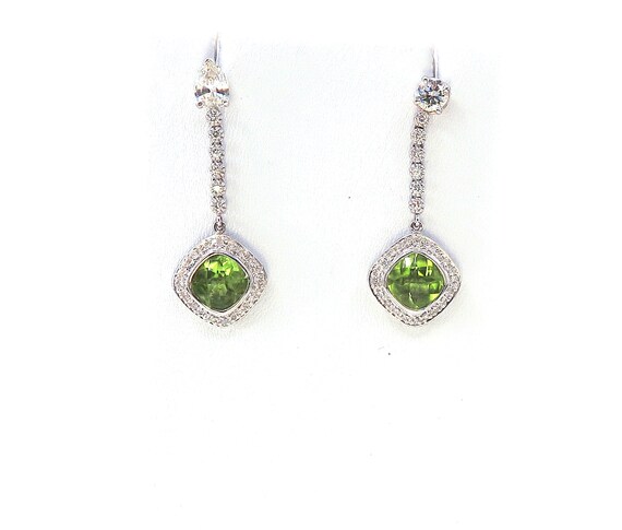 14 K White Gold Peridot Cushion Cut Diamond Dangle Drop Earrings