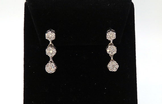 14 K White Gold Three Cluster Round Diamonds Drop Dangling Earrings