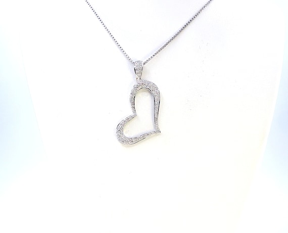 18 K White Gold Fancy Open Heart Shaped Slanted Micro Pave Diamond Slider Pendant, Gold, 3.1 grams, TW of diamonds, 0.82 CT