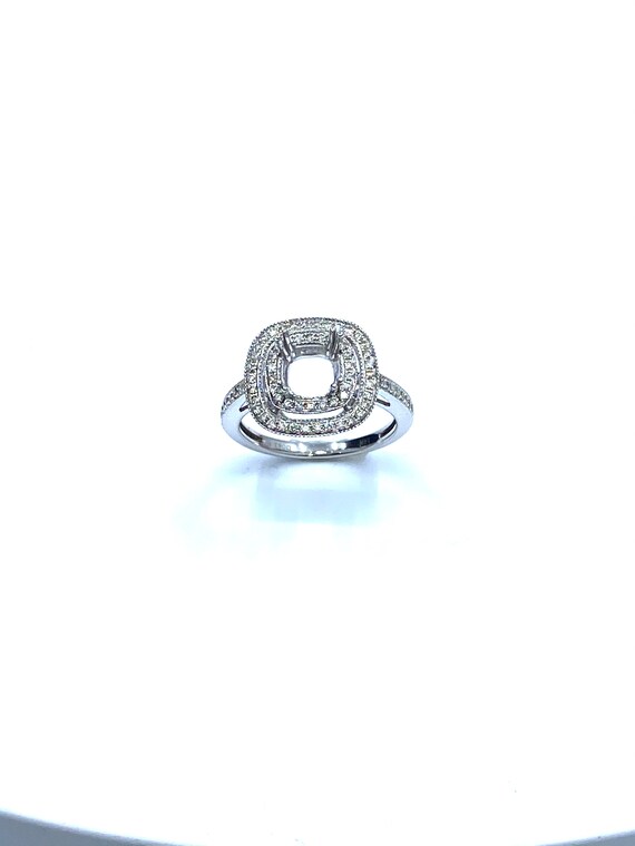 14 K W Gold Diamond Engagement Ring w/ Four Prong Built on Double Row Cushion Shape Halo & Miligri Edges, Gold, 3.4 grams