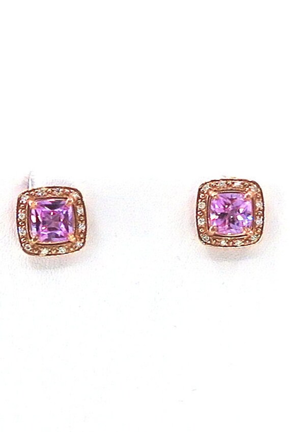 14 K Rose Gold Cut Corner Earrings with Pushback Post with Pink Sapphire Diamonds