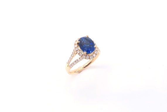 14 K Yellow Gold Diamond Oval Shape Sapphire on One Row Halo Ring and V Shape Shank