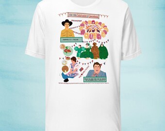 Könnte beinhalten: Weißes T-Shirt mit einer bunten Illustration einer Gruppe von Menschen, die feiern. Der Text "1985 Celebration of Spectacles" befindet sich oben in der Illustration. Der Text "Shopper is a Feeling" befindet sich in der Mitte der Illustration. Der Text "The Home Front" befindet sich rechts in der Illustration. Der Text "Hello I'm Lou, I'm here and I'm looking for Matthew with a capital M" befindet sich unten in der Illustration.