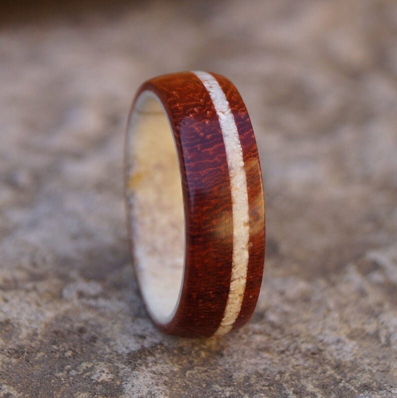 Padauk Wood Deer Antler and Shell Ring