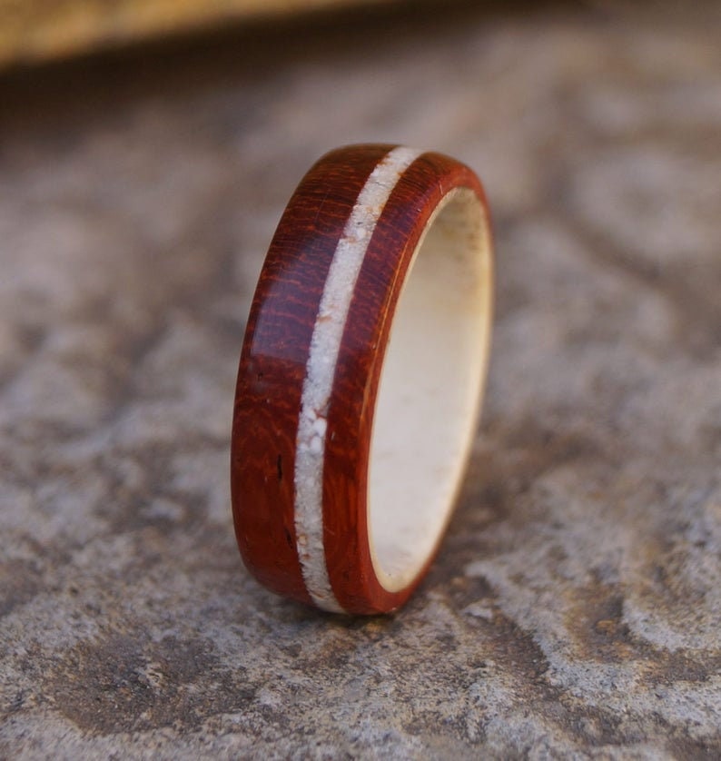 Padauk Wood Deer Antler and Shell Ring