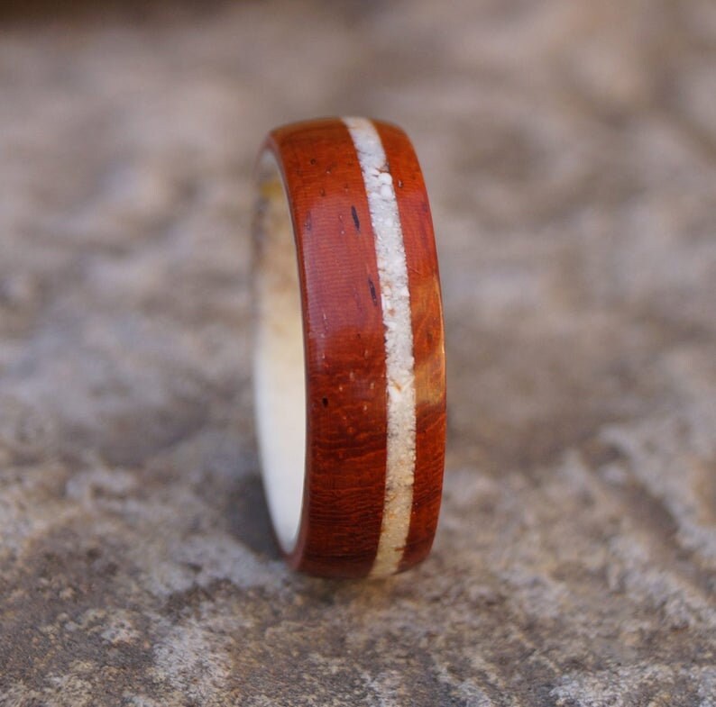 Padauk Wood Deer Antler and Shell Ring