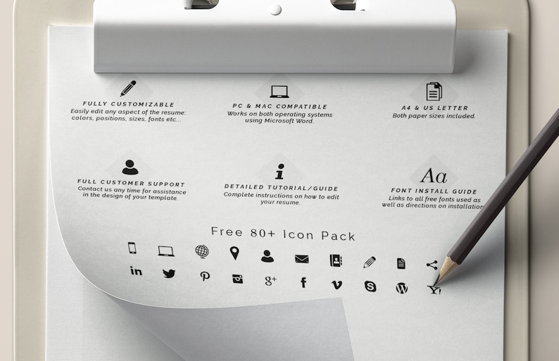 Puede incluir: Un portapapeles blanco con texto negro que describe las caracter&iacute;sticas de una plantilla de curr&iacute;culum. El texto incluye "Totalmente personalizable", "Compatible con PC y Mac", "A4 y US Letter", "Atenci&oacute;n al cliente completa", "Tutorial/gu&iacute;a detallada", "Gu&iacute;a de instalaci&oacute;n de fuentes" y "Paquete de iconos gratuito de m&aacute;s de 80". El portapapeles tambi&eacute;n incluye un l&aacute;piz negro y un paquete de iconos en blanco y negro de logotipos de redes sociales.