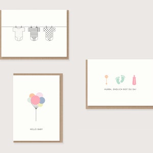 Set aus 3 Klappkarten zur Geburt - Set I - "Babybodies" - "Luftballons - Hello Baby" - "Hurra, endlich bist du da!"