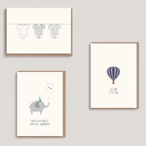 Set aus 3 Karten zur Geburt - Set II - "Babybodies" - "Elefant - Willkommen kleines grosses Wunder" - "Heißluftballon - Welcome Little One"